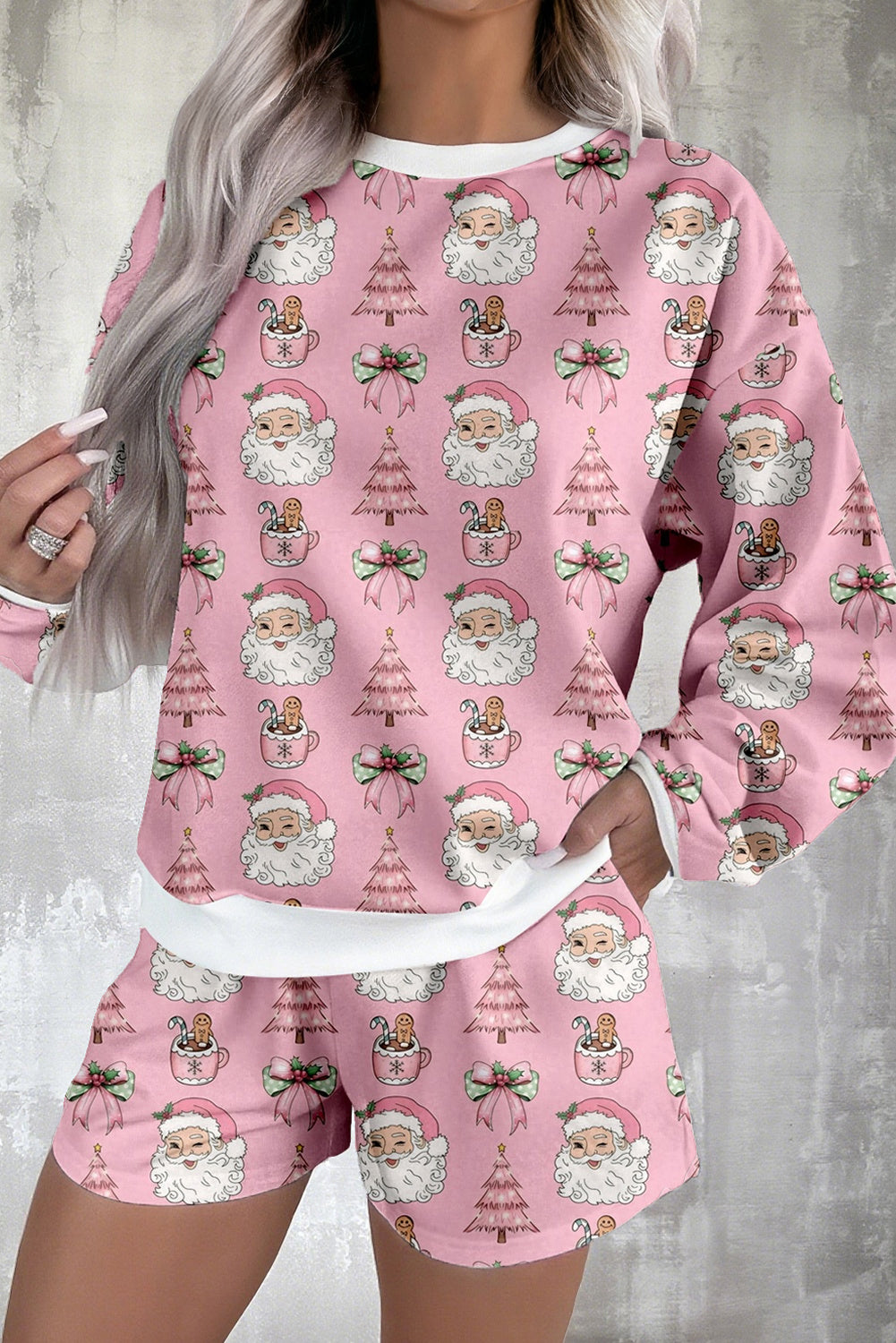 Pink Santa Claus Graphic Christmas Tree Pajama Set Loungewear Set 5a40efe6d3f7d4bb