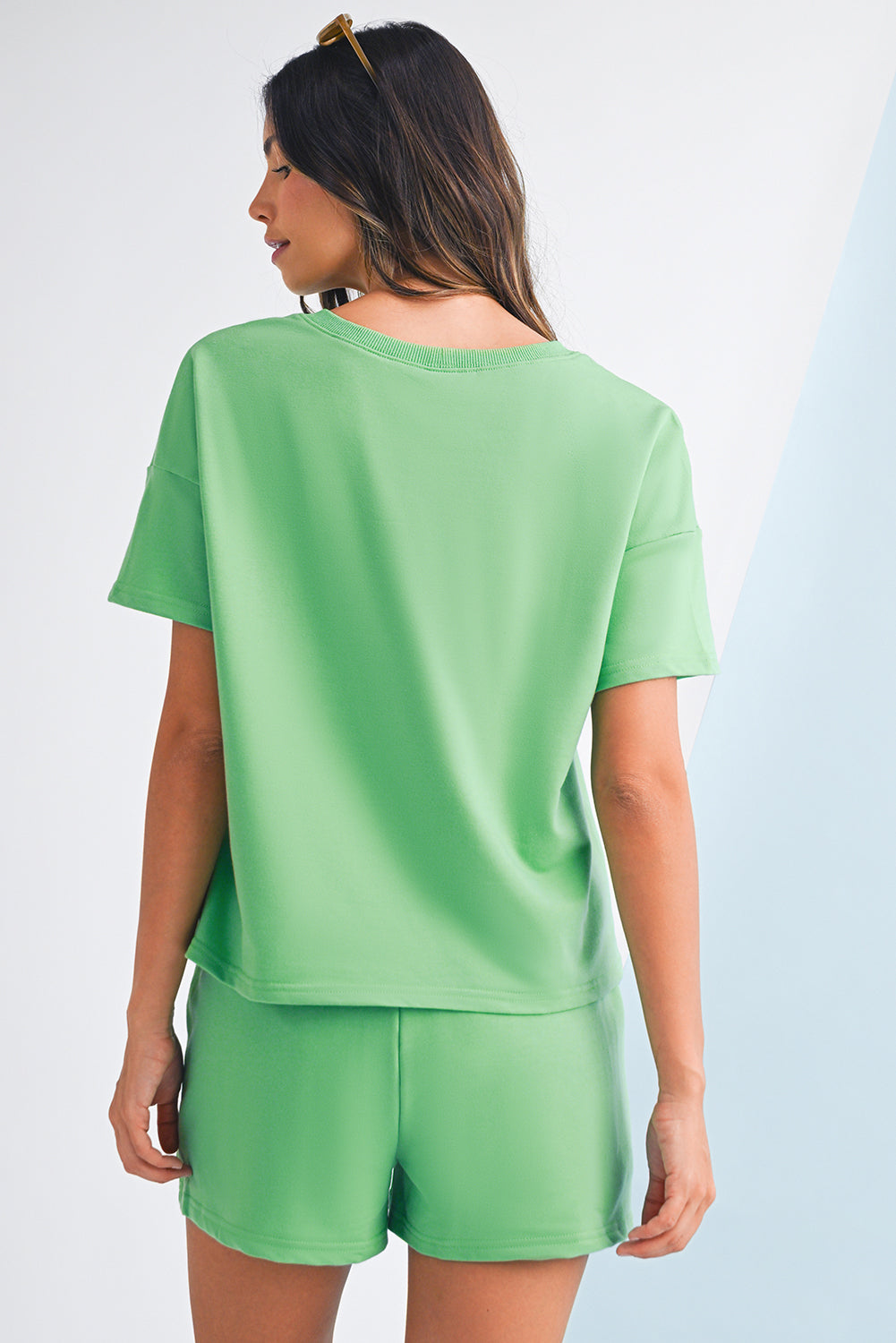 Bonbon V Neck Drop Shoulder Tee and Patchwork Shorts Set Two Piece Shorts Sets 5a47110a22fc5ef3