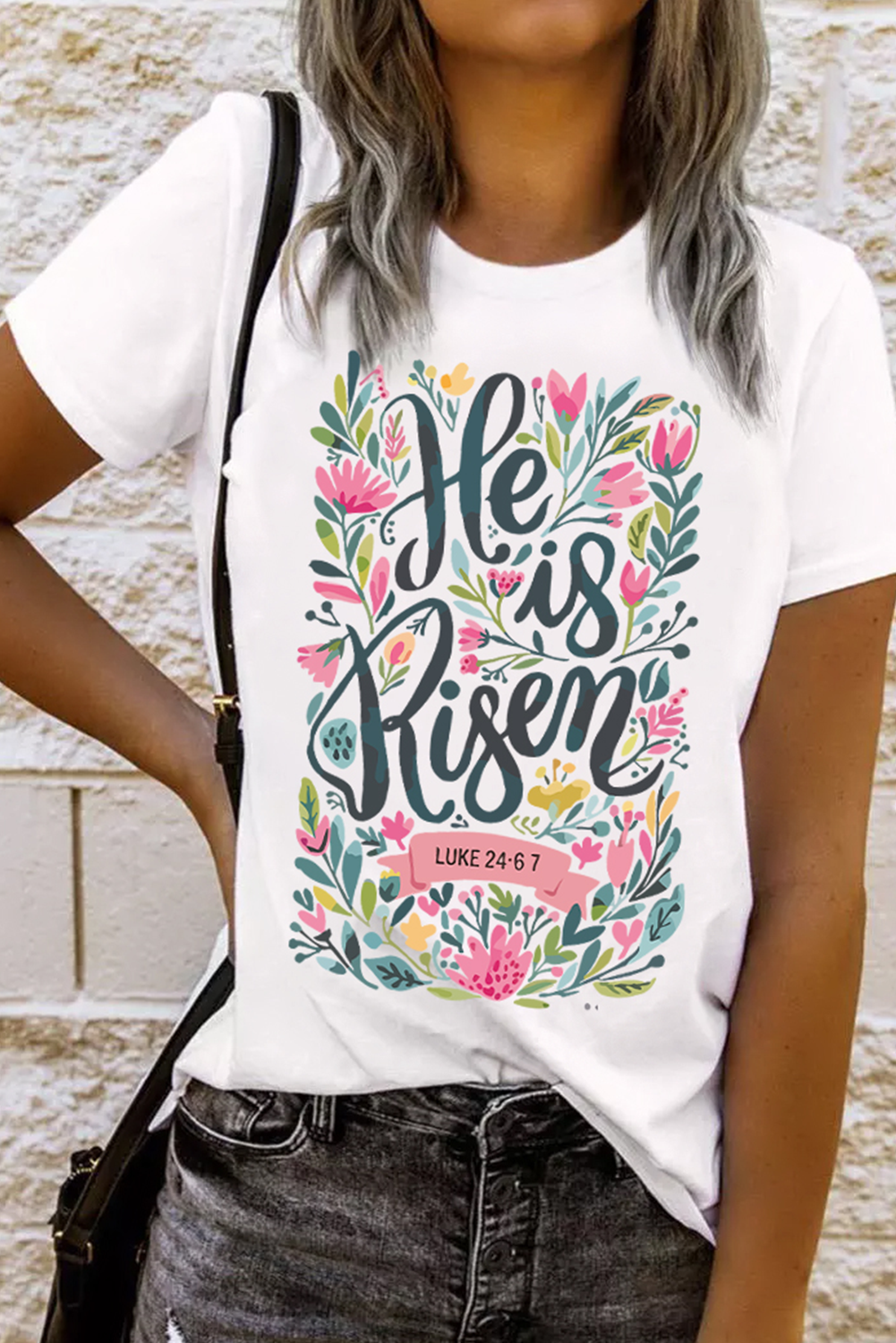 White He is Risen Floral Heat Transfer Printing Graphic T Shirt Graphic Tees 5ac2893f0069d001