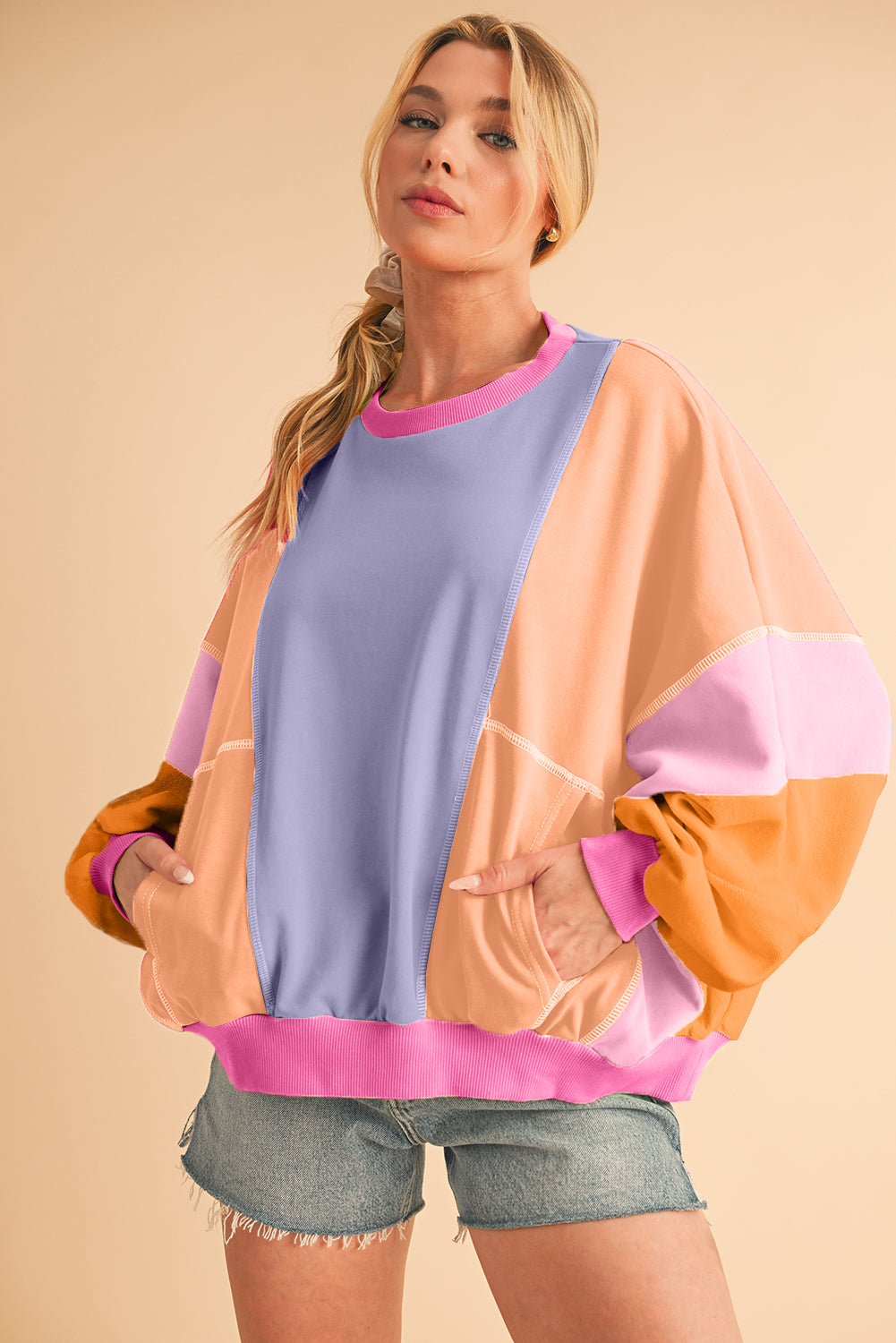 Orchid Petal Colorblock Patchwork Drop Shoulder Top Long Sleeve Tops 5b0da272c748a3c7