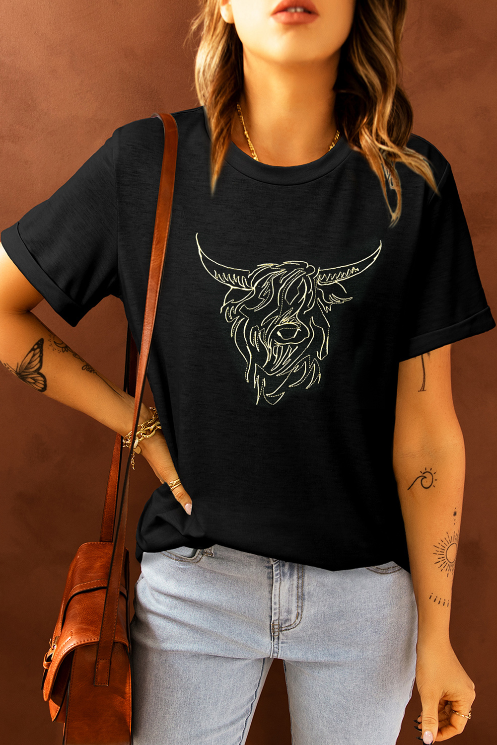 Black Vintage Bull Head Embroidered Pattern T Shirt Graphic Tees 5b19d3ea545f0f28