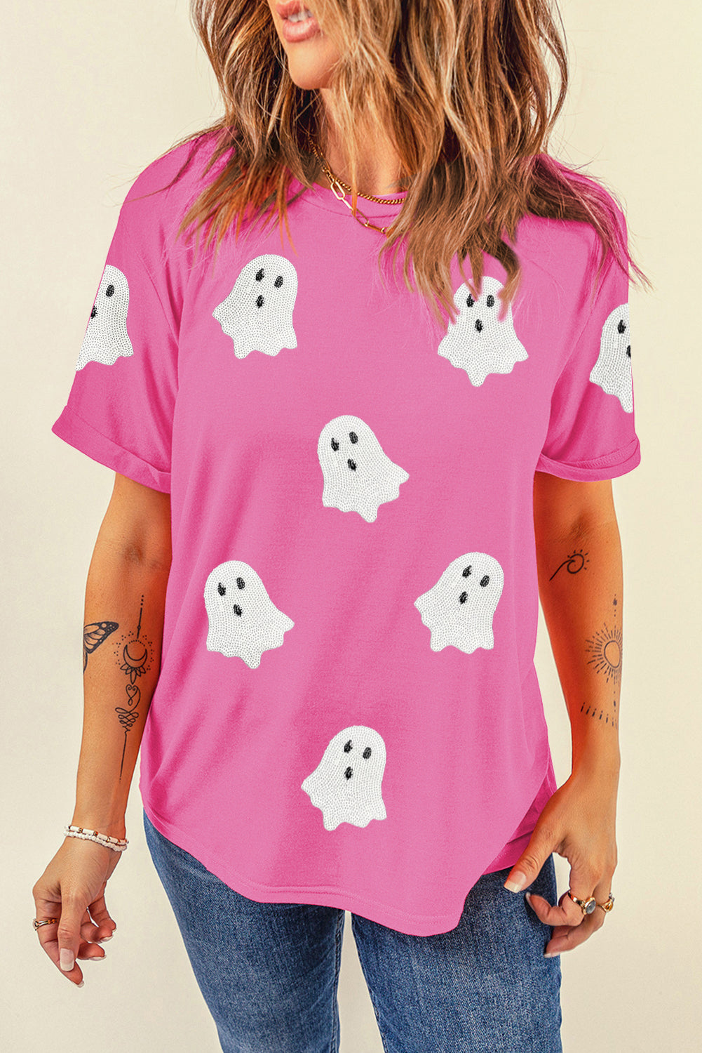 Sachet Pink Halloween Ghost Sequins Patch Casual T Shirt Graphic Tees 5b4835100f60abab