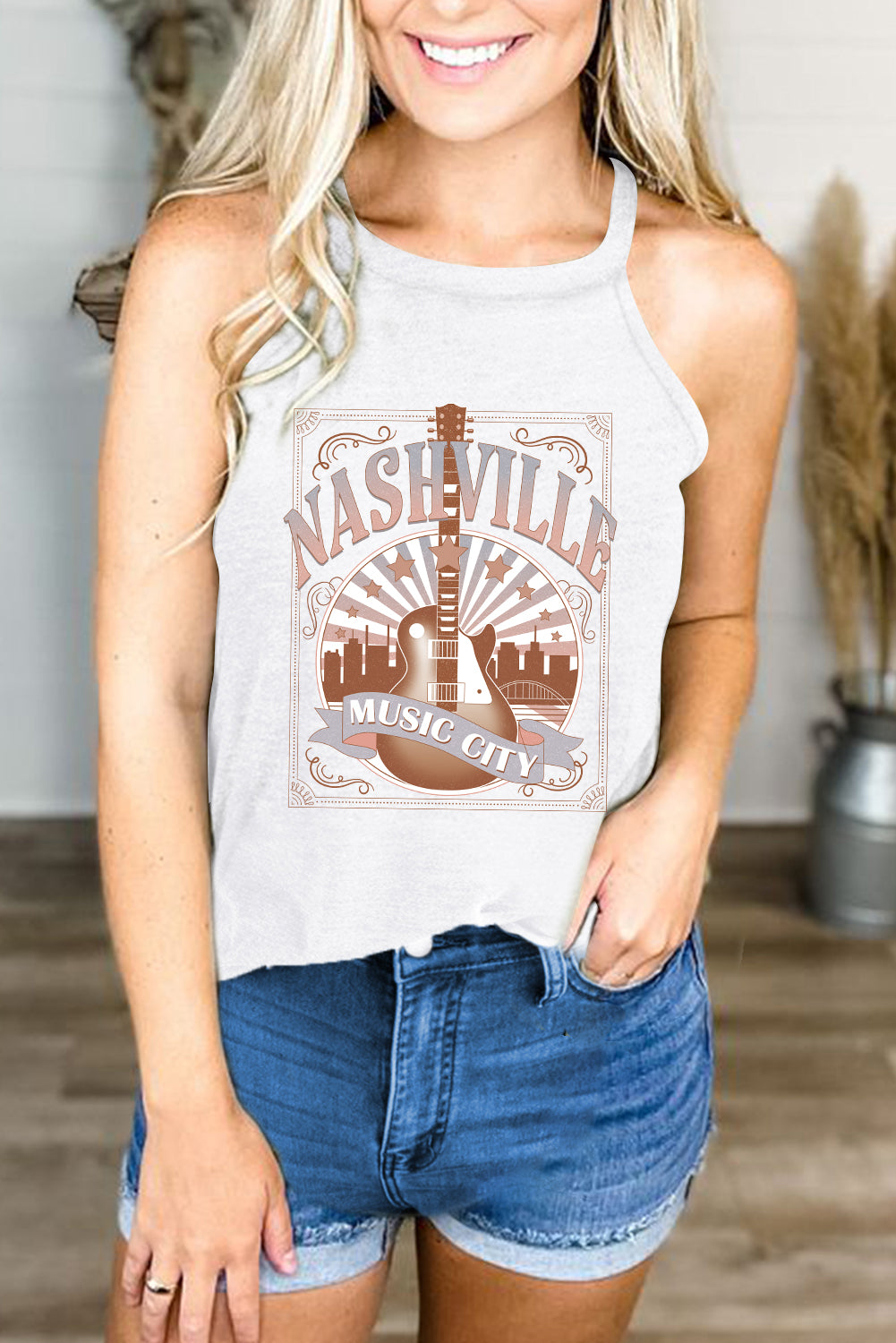 White NASHVILLE MUSIC CITY Guitar Graphic Tank Top Graphic Tees 5b9107e257a08e7e