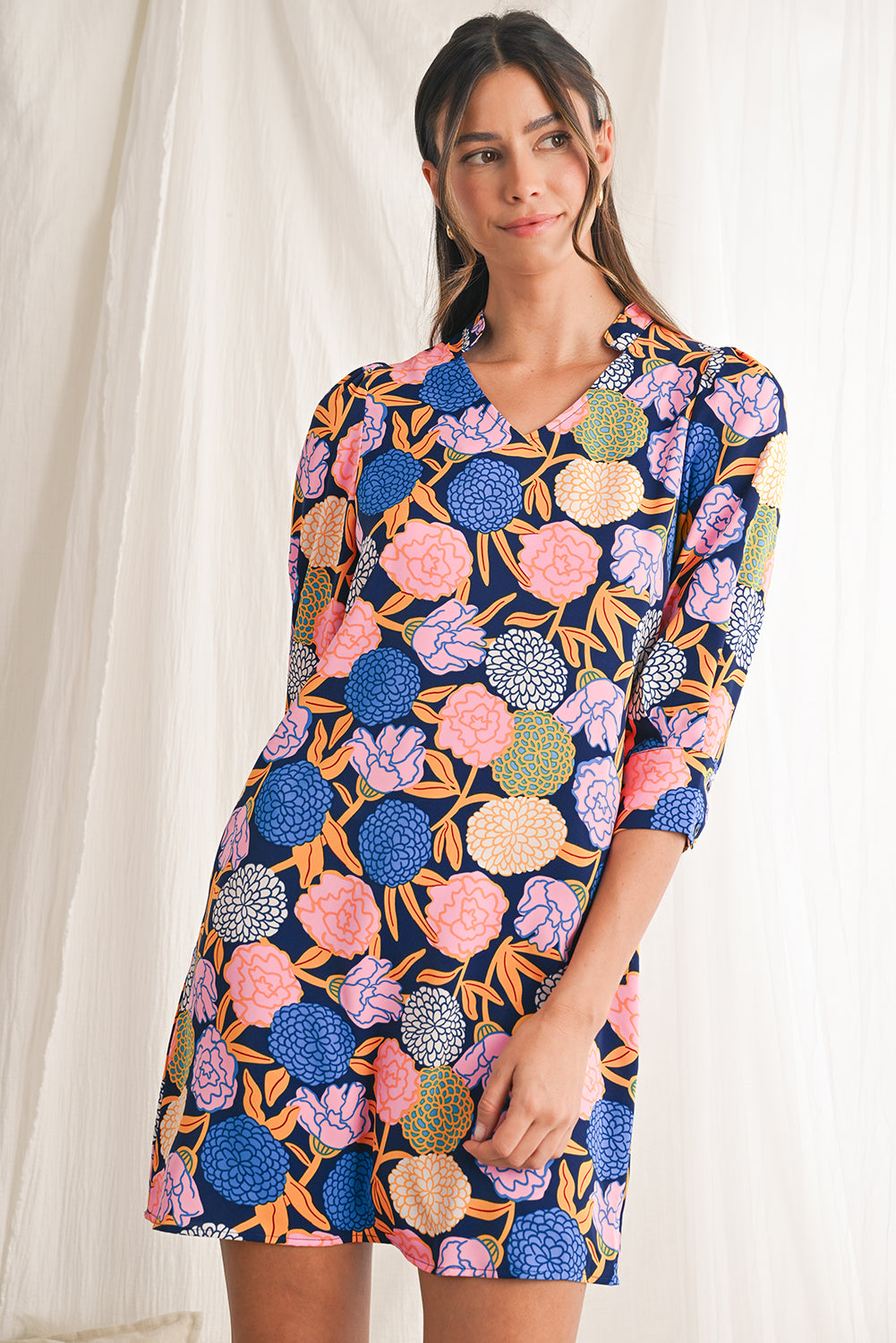 Navy Blue Hydrangea Floral V Neck Puff Sleeve Dress Short Dresses 5ba12eb84f65b9e9