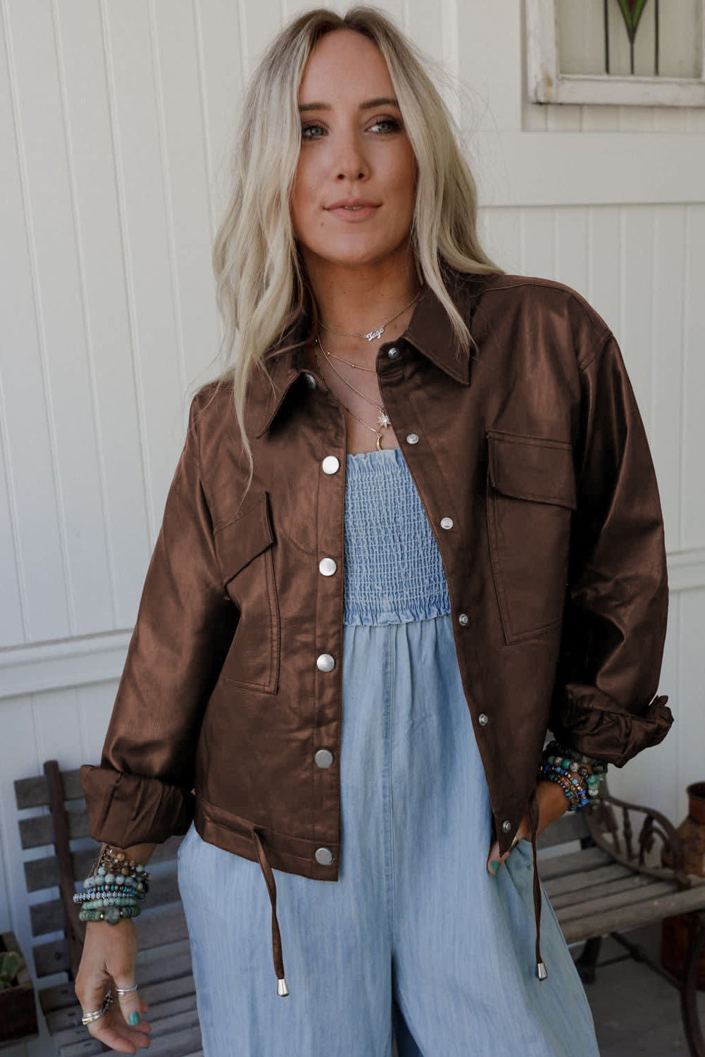 Chicory Coffee Flap Pocket Drawstring Hem Leather Jacket Jackets 5c58e2070802897f