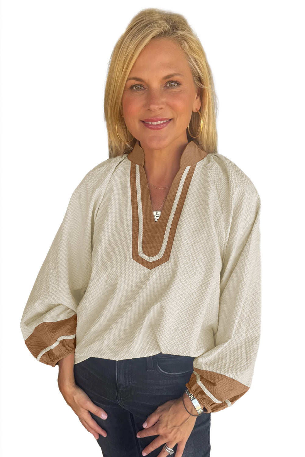 Jet Stream Colorblock Contrast V-neck Long Sleeve Blouse Blouses 5c60cc478a08bae7