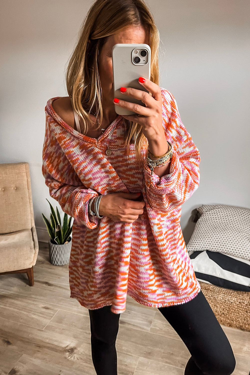 Orange Vibrant Abstract Print Drop Shoulder V Neck Oversized Sweater Sweaters 5c67b74dcfb83bf9