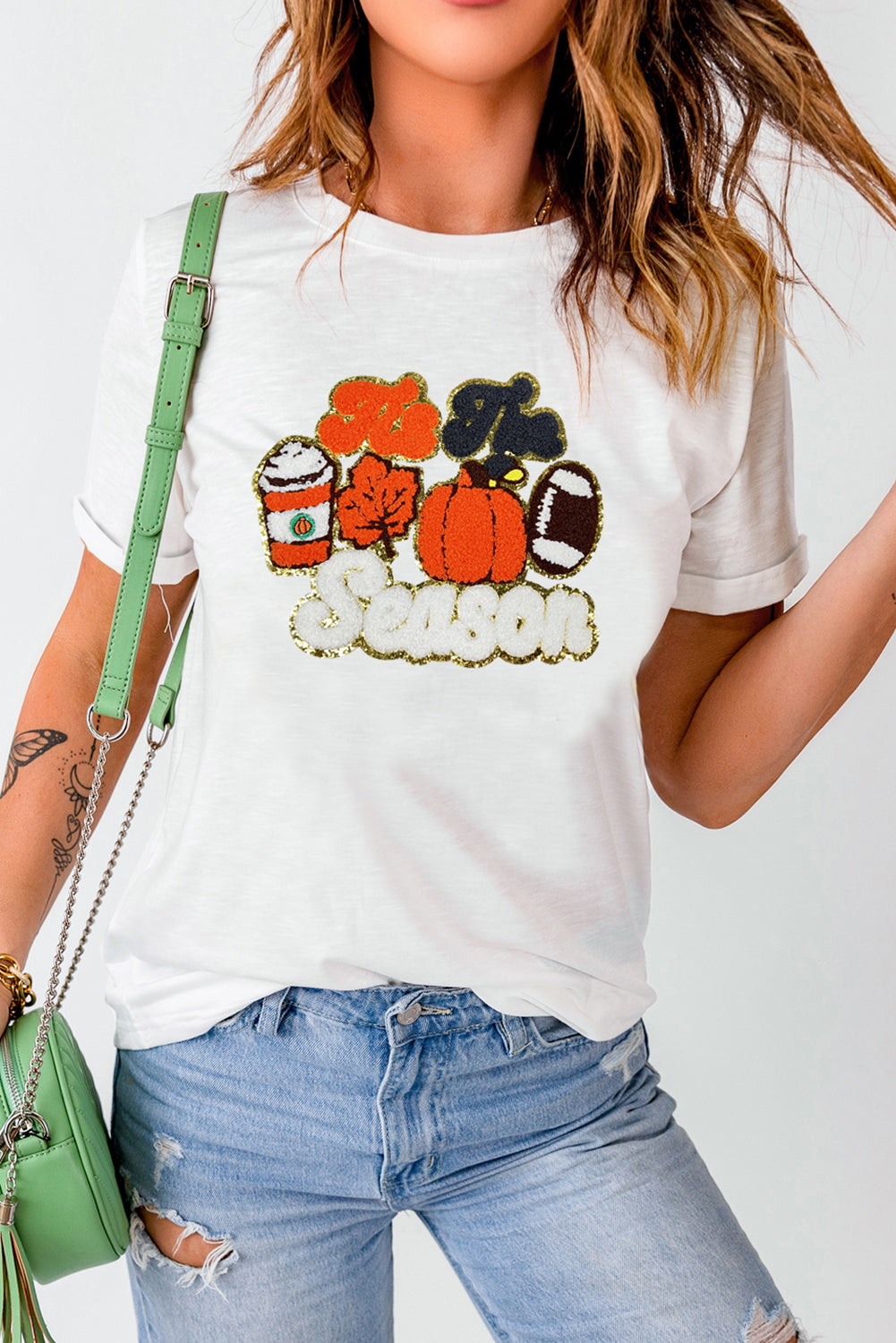 White Iis The Season Pumpkin Spice Terry Flocking Graphic Crewneck T Shirt Graphic Tees 5c9835e673a4d8bf
