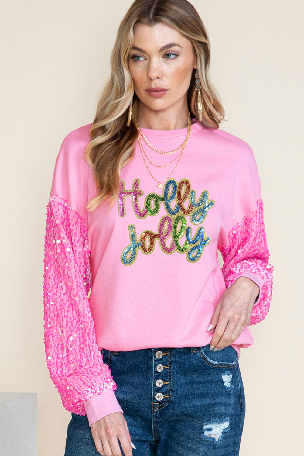 Pink Holly Jolly Letter Sequins Patch Drop Shoulder Patchwork Long Sleeve Top Graphic Apparel 5ce7248dfd0a4f82