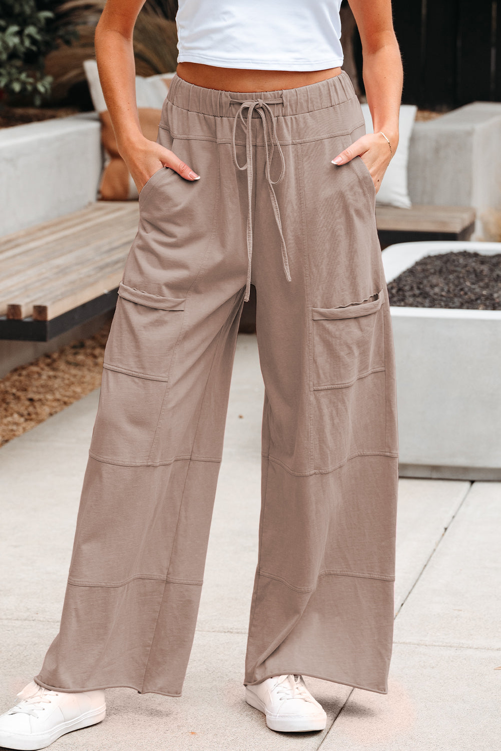 Smoke Gray Mineral Wash Exposed Seam Drawstring Elastic Waistband Wide Leg Cargo Pants Pants & Culotte 5d21b817fd66df54