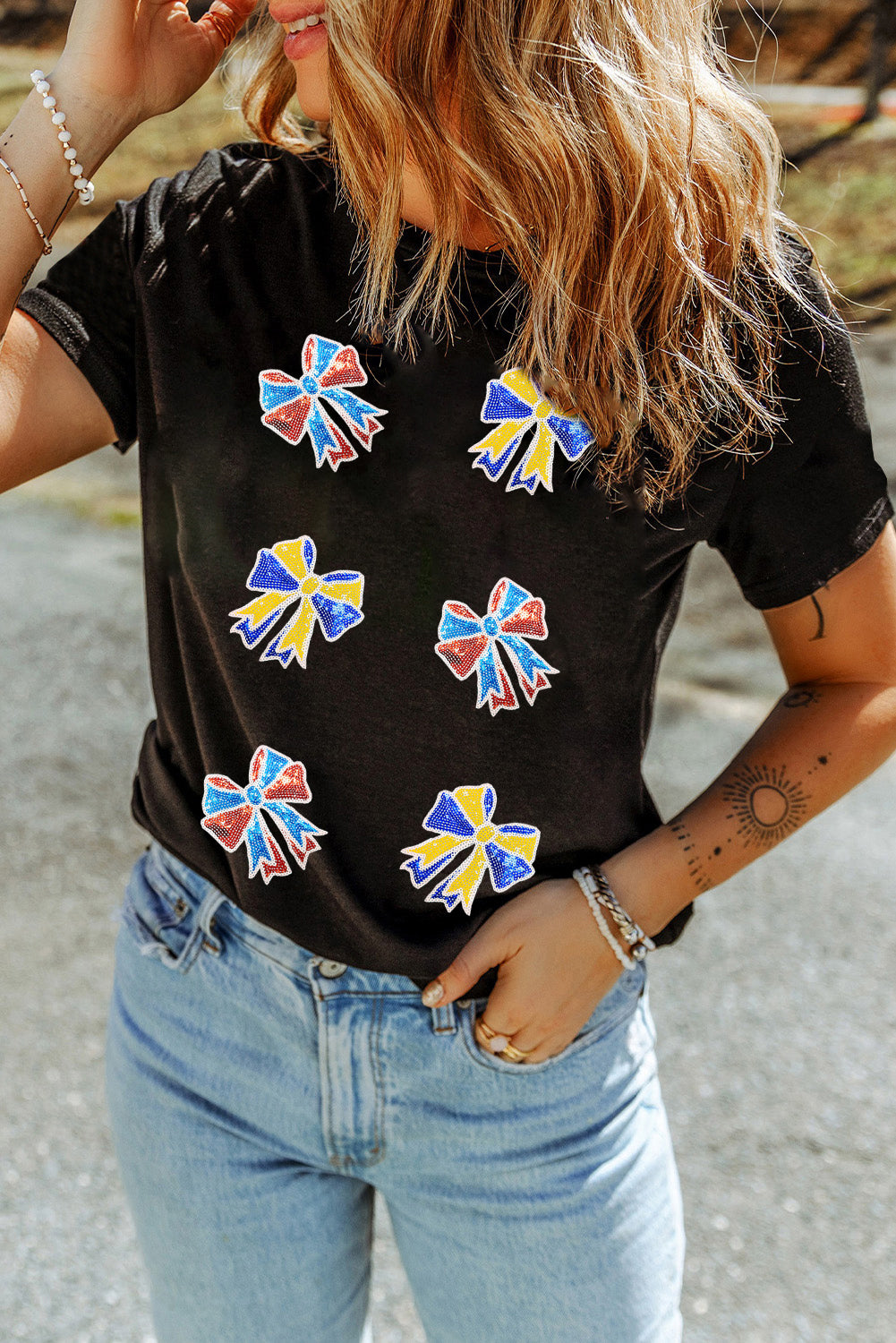 Black Cheerful Sequin Bow Patched Game Day T Shirt Graphic Tees 5d3a744507d5d57f