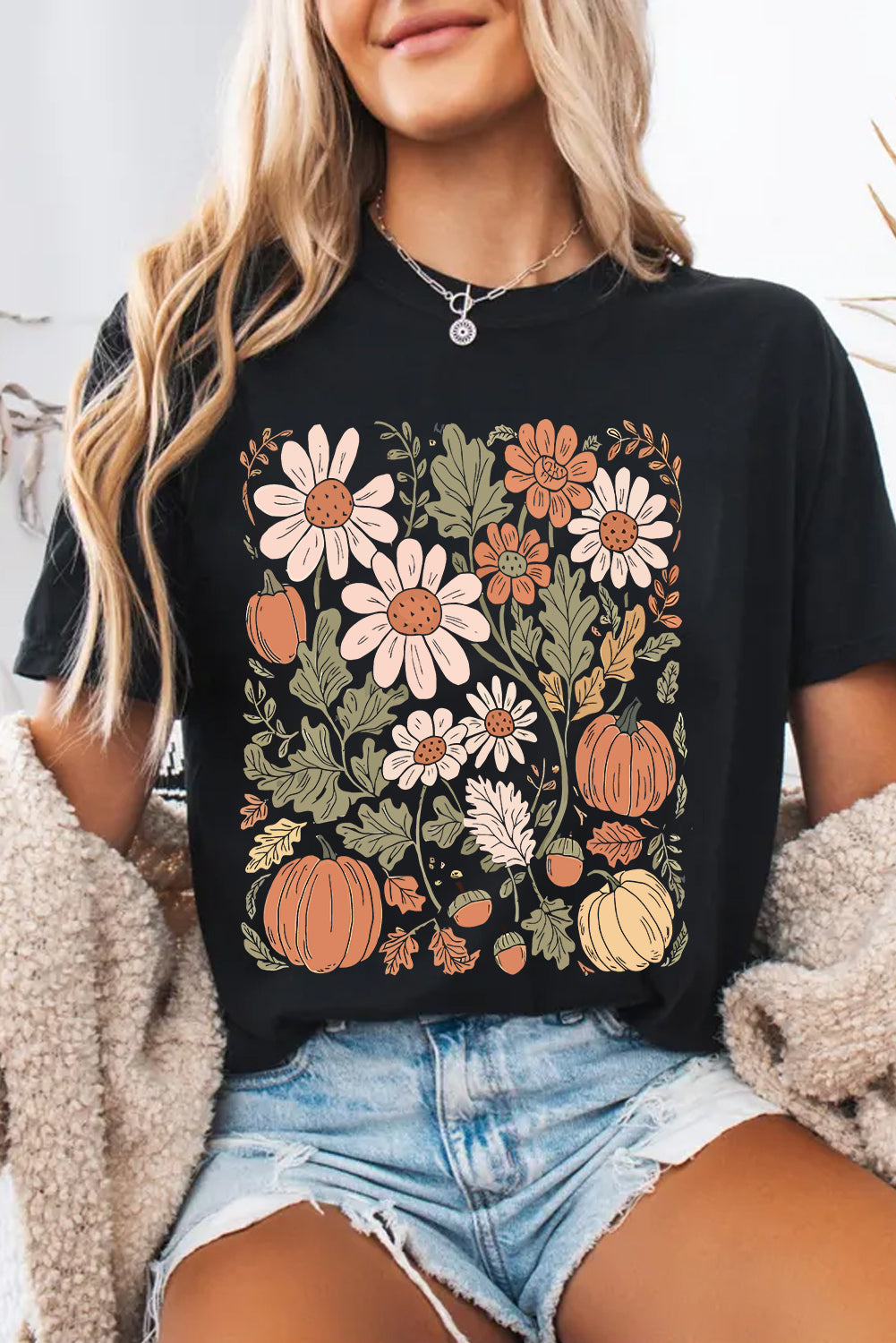 Black Wild Flower Pumpkin Heat Transfer Printing T Shirt Graphic Tees 5e1e3d3e6fb8c52b
