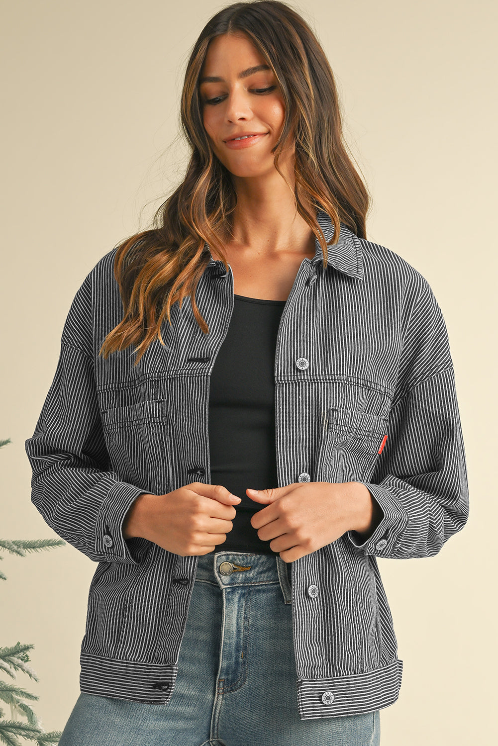 Blue Stripe Washed Oversized Pocketed Denim Jacket Jackets 5e73dc49346ba1f9