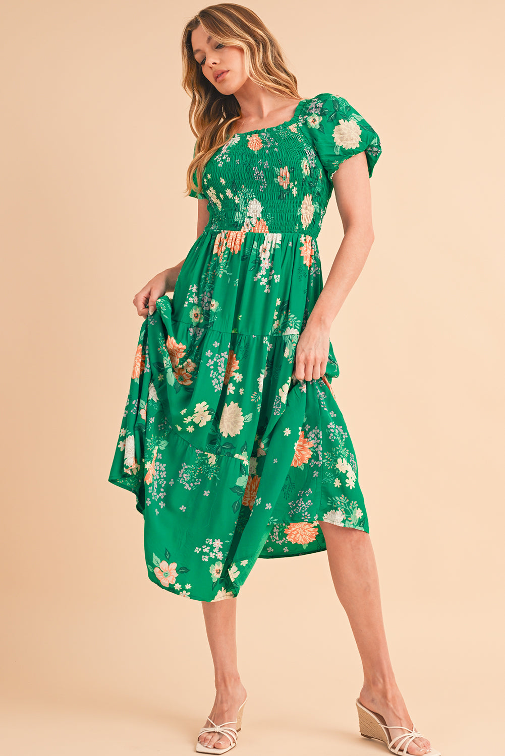 Green Floral Print Bubble Sleeve Smocked Tiered Midi Dress Midi Dresses 5ec999ee62ce6def