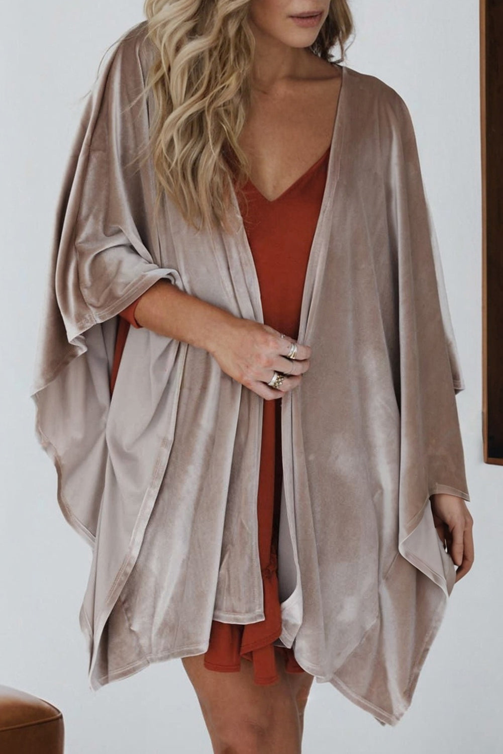 Smoke Gray 3/4 Sleeve Open Front Velvet Kimono Coats 5ed023097b735d2a
