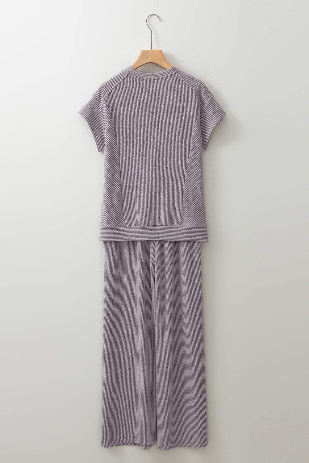 Bright Pink Solid Corded Short Sleeve T Shirt and Wide Leg Pants Set Two Piece Pants Sets 5f1ad63847c538cb