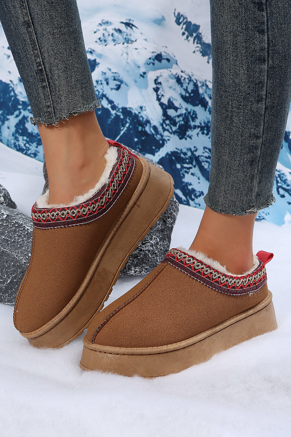 Chestnut Suede Contrast Print Round Toe Plush Lined Flats Slides Shoes + Flip Flops 5f343f3ce58253c0