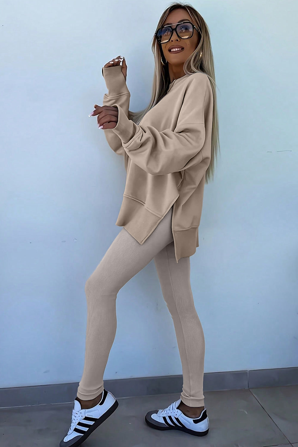 Green Bay Solid Color Oversize Slit Sweatshirt Ribbed Leggings Set Two Piece Pants Sets 5f41ded79fefe6a7