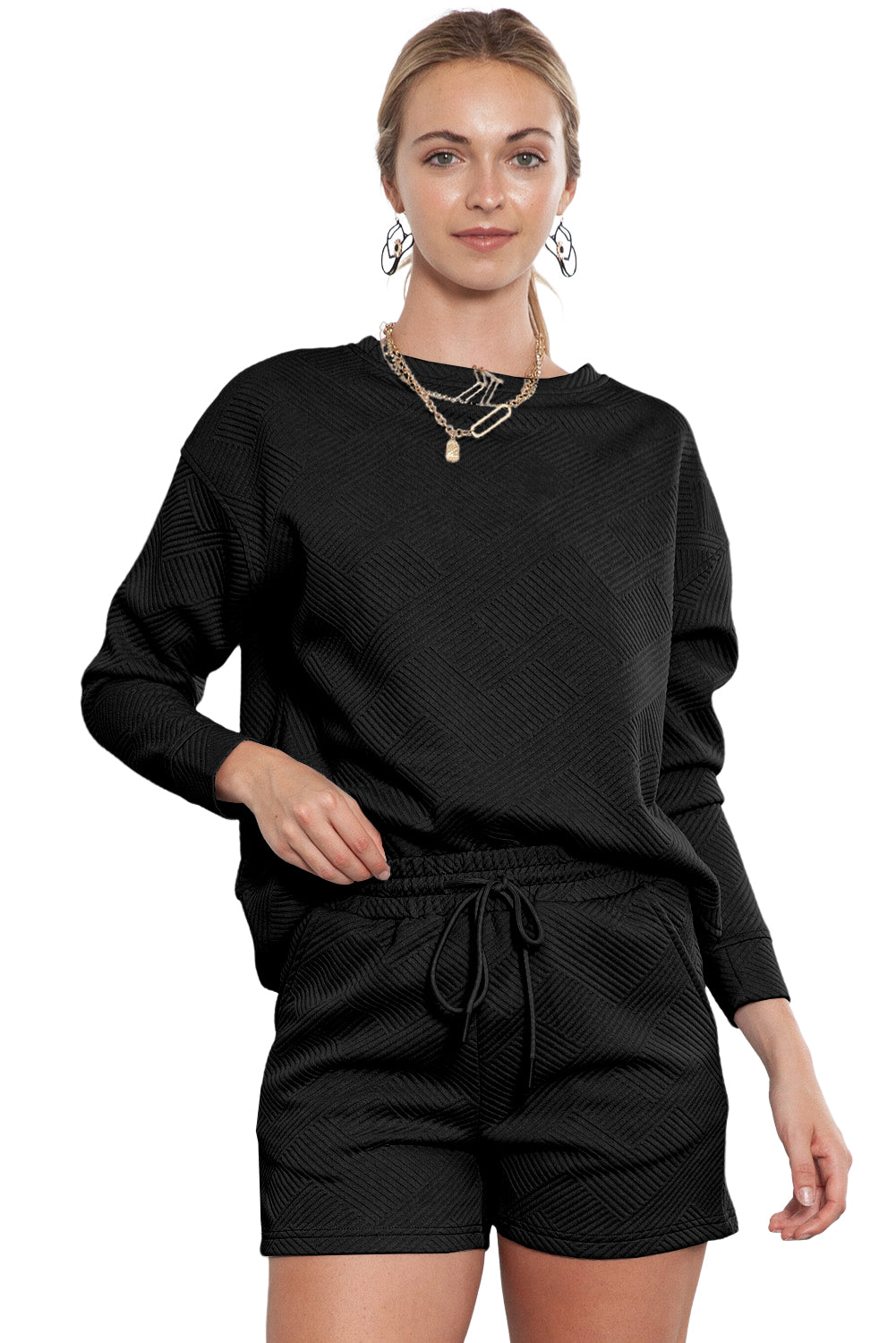 Gray Textured Long Sleeve Top & Drawstring Shorts Set Two Piece Shorts Sets 5f53680105f06a58