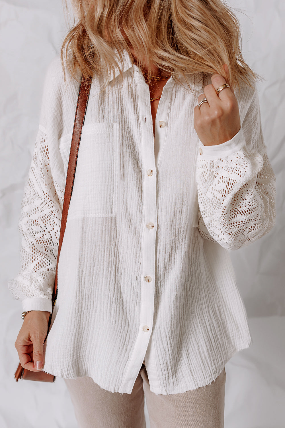 White Cotton Gauze Lace Patchwork Long Sleeve Shirt Blouses 5f584858e0a17a6c