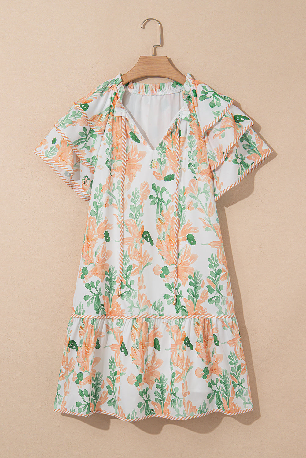 Sky Blue Floral Contrast Edge Ruffle Sleeve Tie Neck Mini Dress Short Dresses 5f78a2d684c39245