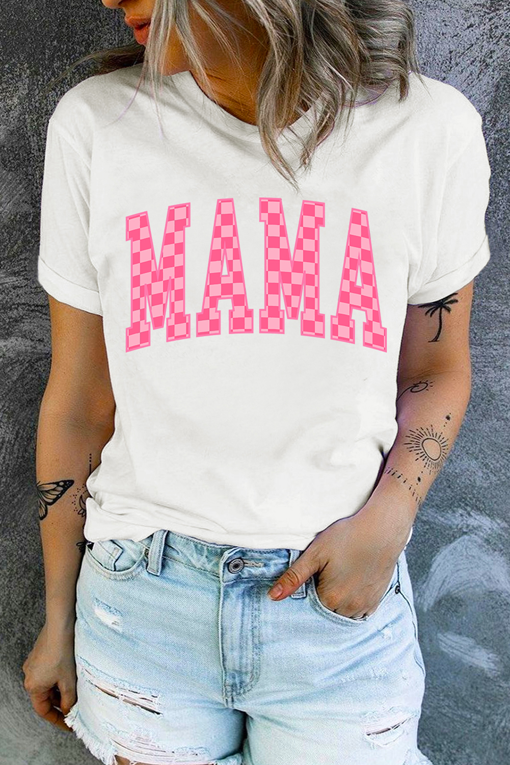 White Checkered MAMA Letter Heat Transfer Printing Graphic T Shirt Graphic Tees 6015b55f4f11a1bd