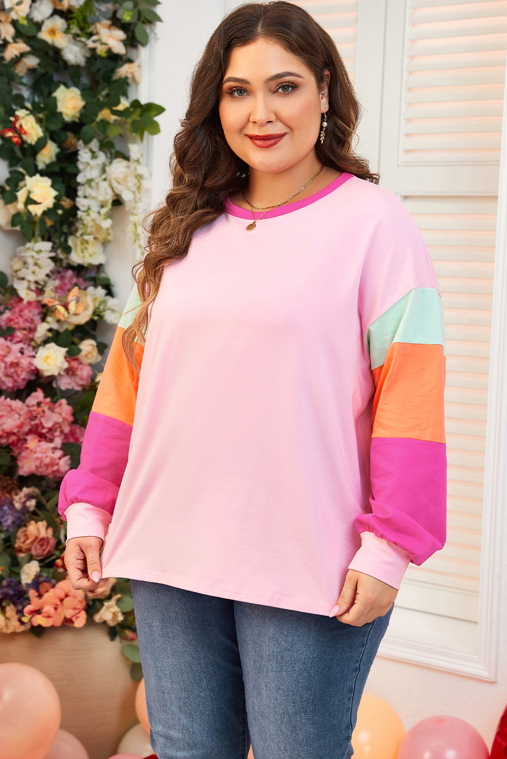 Pink Colorblock Long Sleeve Plus Size Top Plus Size Tops 6017f7e25bd8deac