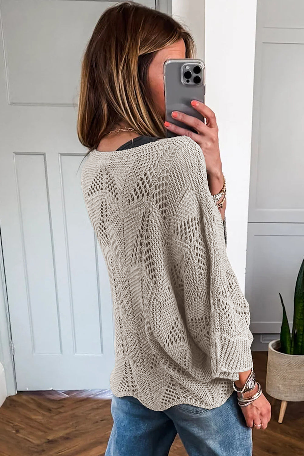Seagrass Hollow Out Knit 3/4 Sleeve Loose Sweater Sweaters 6043f769b30a0c85