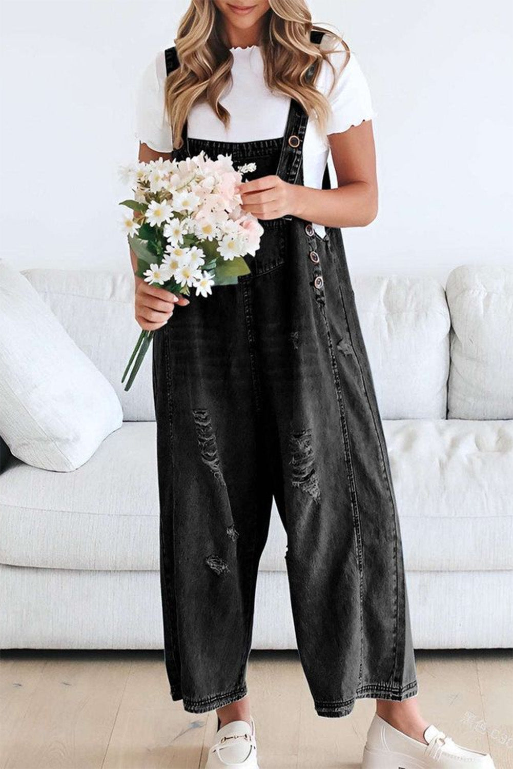 Black Distressed Bib Pocket Wide Leg Denim Overall Jumpsuits 6046455a21573a7f