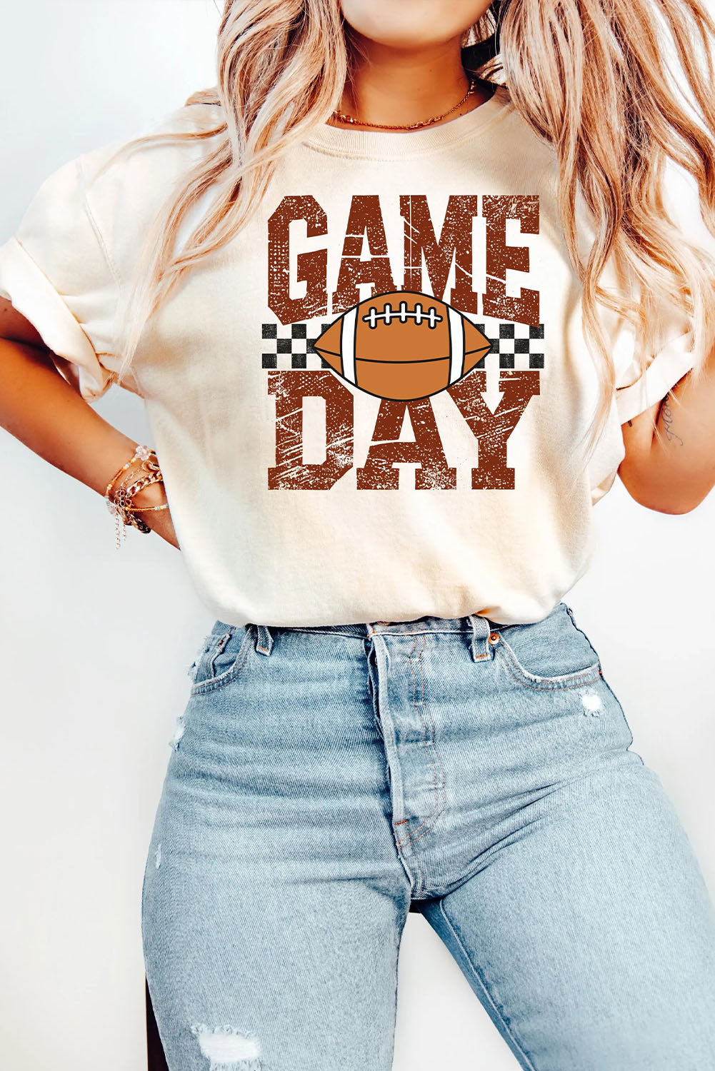 White GAME DAY Checkered Football Heat Transfer Printing Vintage Graphic Tee Graphic Tees 6054f30be1175a06