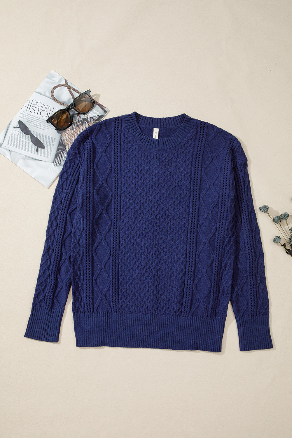 Navy Blue Mix Texture Knit Eyelet Detail Casual Sweater Sweaters 6082abed5e1de998