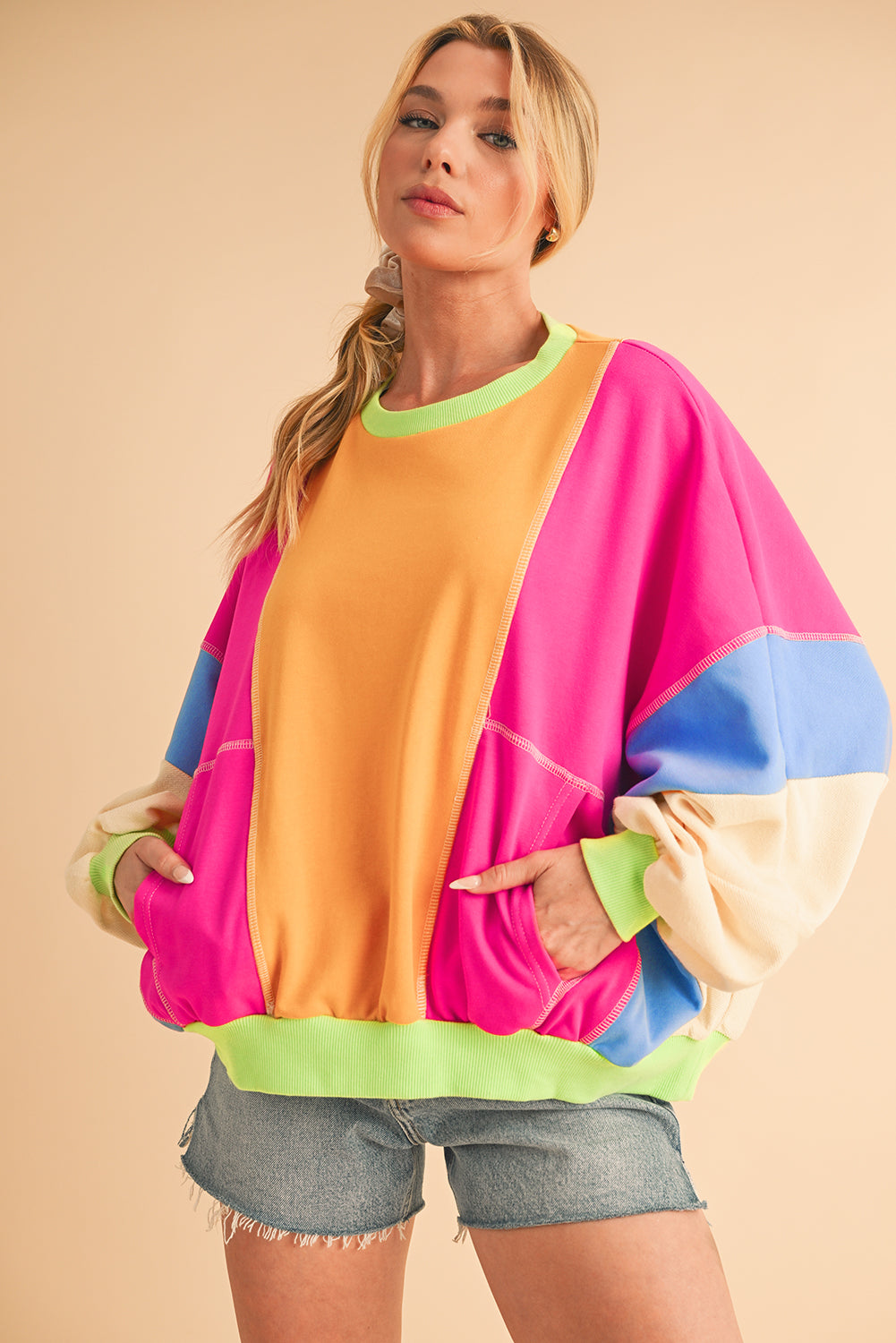 Orchid Petal Colorblock Patchwork Drop Shoulder Top Long Sleeve Tops 60854db08ccdb099