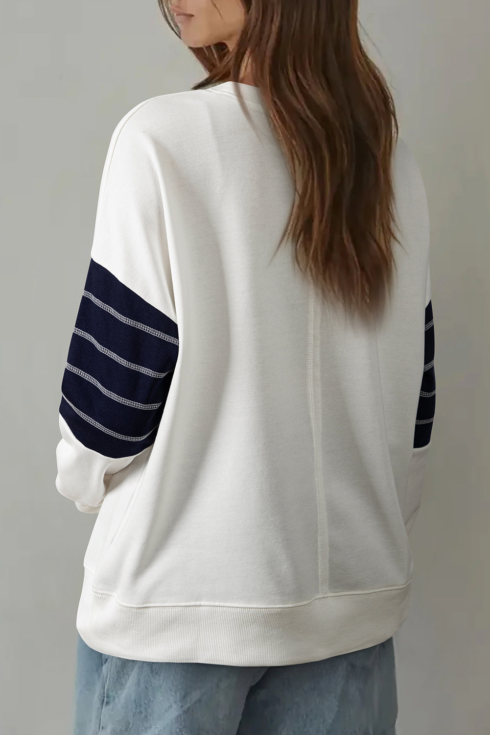 White Denim Patchwork Ribbed Round Neck Pullover Sweatshirt Sweatshirts & Hoodies 608d6c2ffb2ce5cc