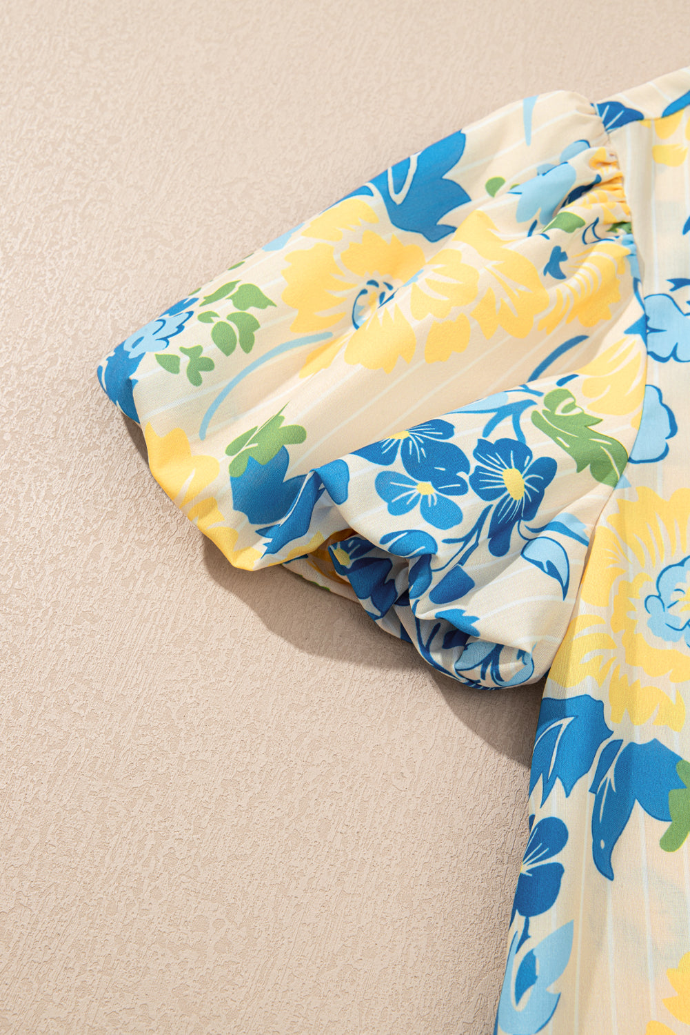 Blue Floral Print Striped Trim Puff Sleeve Mini Dress Short Dresses 609babcc964e7855