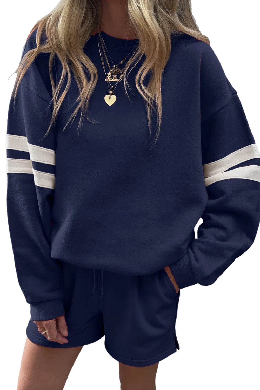 Navy Blue Varsity Striped Sleeve Drop Shoulder Sweatshirt and Shorts Set Two Piece Shorts Sets 60a85ddd68892ccb