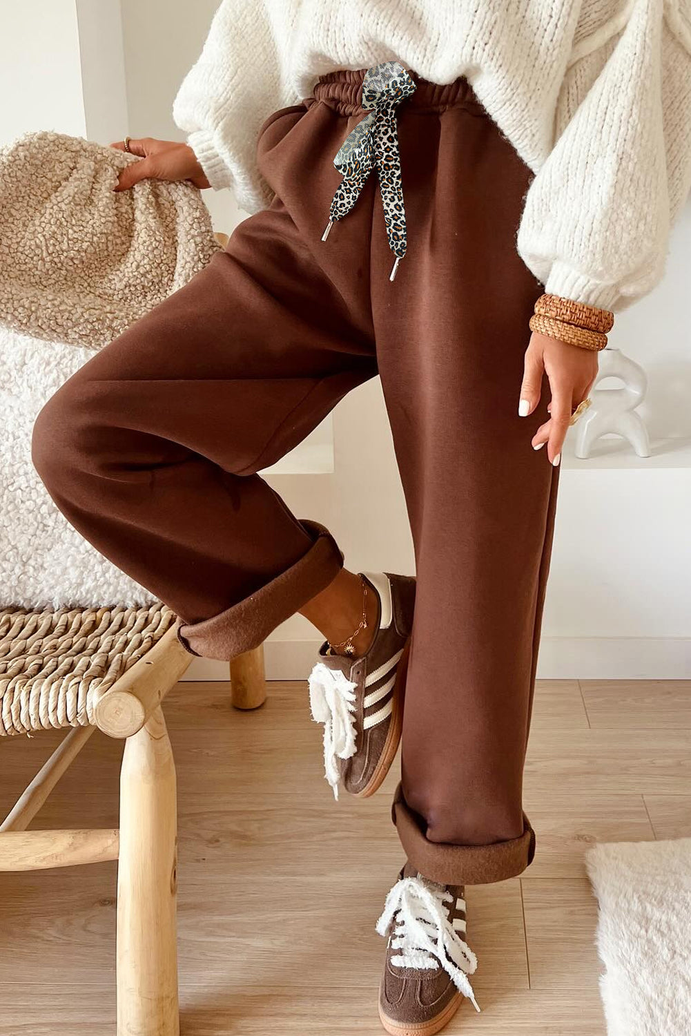 Coffee Leopard Drawstring Winter Fleece Pants Pants 60b7500fe3e76f89