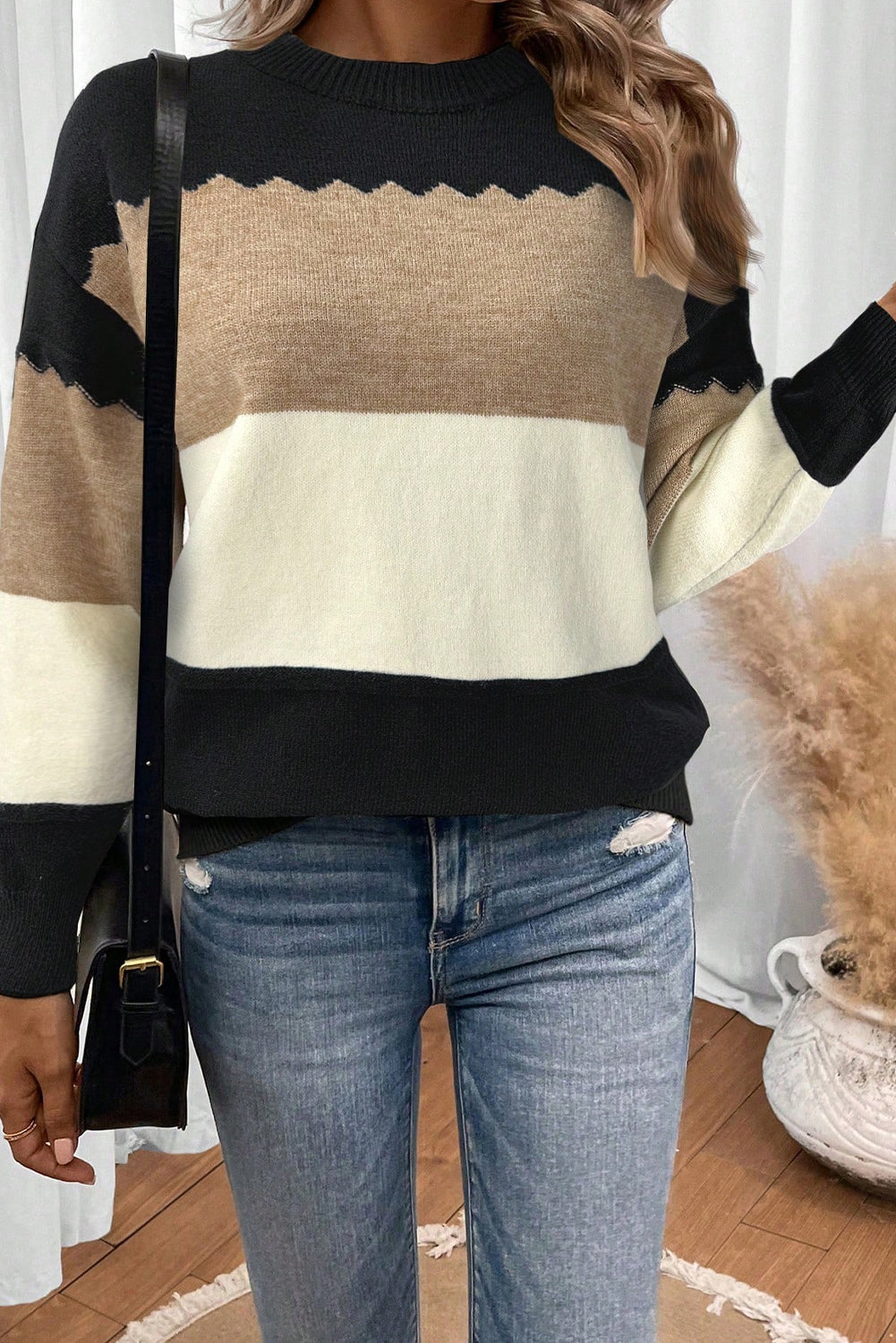 Black Colorblock Crew Neck Drop Shoulder Sweater Sweaters 60c97cfe886d1399