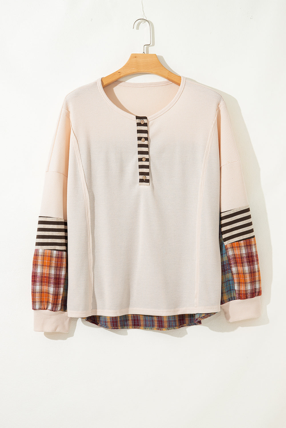 Parchment Plus Size Waffle Striped Plaid Patchwork Henley Pullover Plus Size Tops 60eef8c1901a9c3b