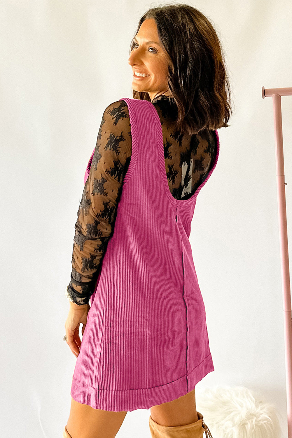 Rose Red Corduroy Exposed Seam Sleeveless Mini Dress Short Dresses 6110c93c88073b18