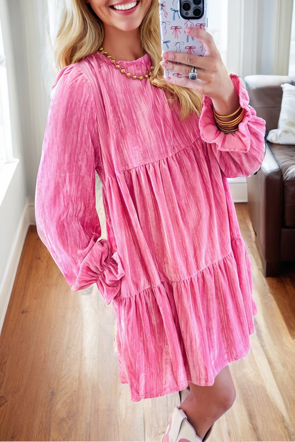Strawberry Pink Flounce Sleeve Tiered Ruffled Velvet Mini Dress Short Dresses 613ce107ae74681b