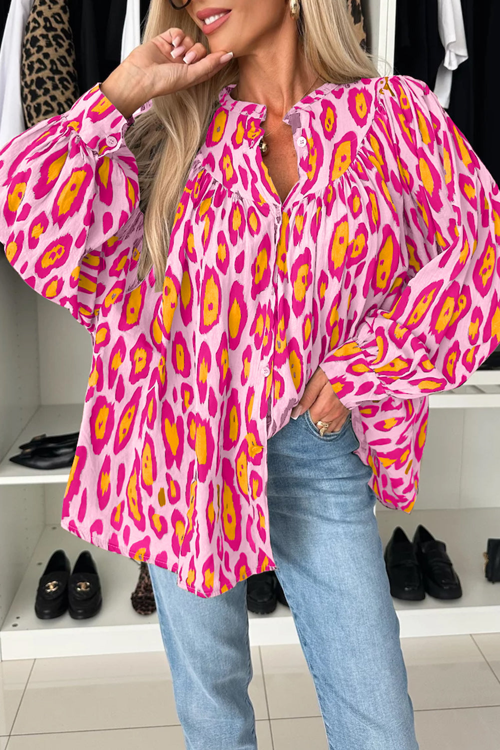 Light French Beige Leopard Print Balloon Sleeve Loose Blouse Blouses 61625deaade5b8a8