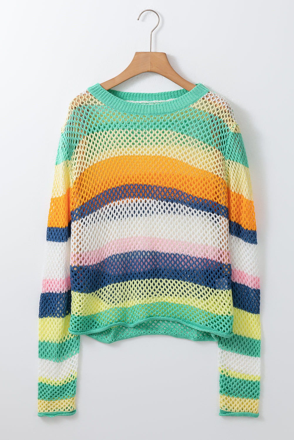 Green Colorblock Striped Hollow Knitted Top Knit Tops 61f7a4bf812f2f29