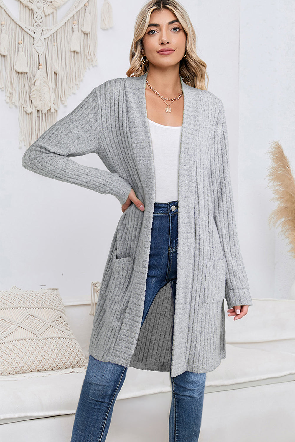 Gray Ribbed Knit Open Front Tunic Cardigan with Pockets Cardigans 624e89c735bc0087