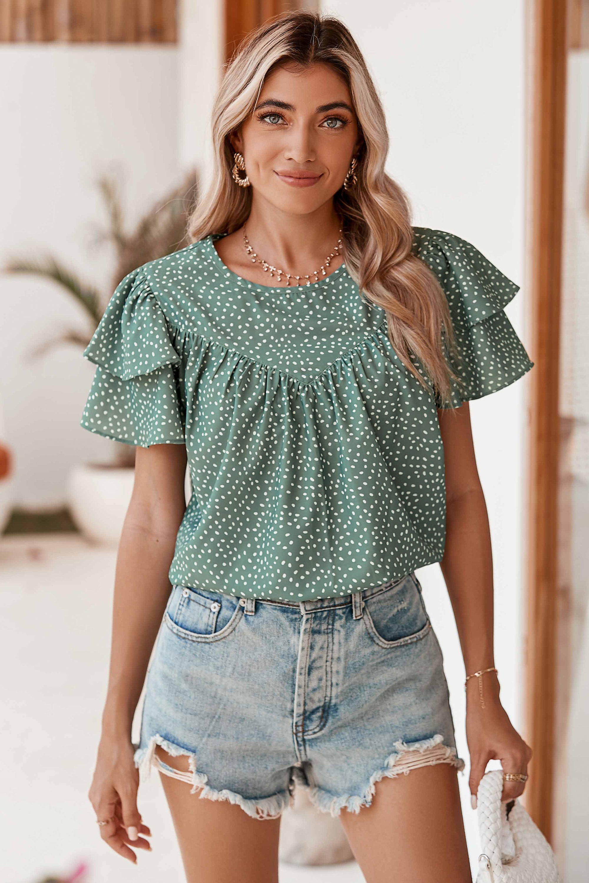 Laurel Green Spotted Print Pleated Ruffle Sleeve Blouse Blouses 625f0a80c1adf566