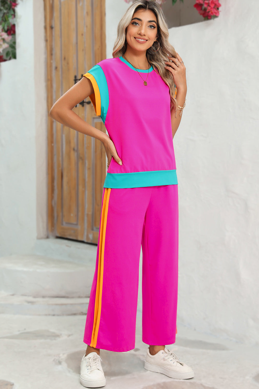 Strawberry Pink Colorblock Cap Sleeve Tee and Wide Leg Pants Set Two Piece Pants Sets 6266400408446128