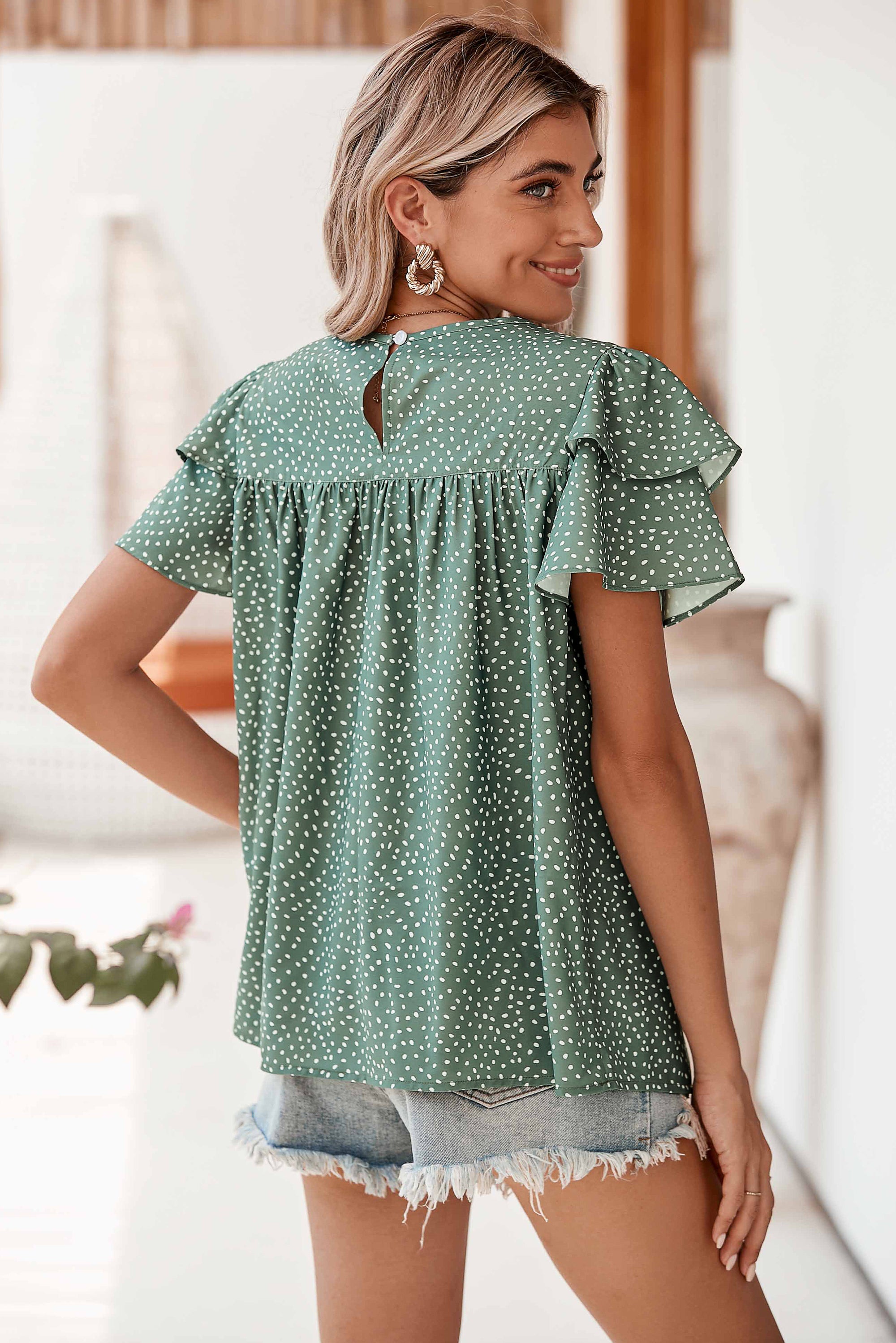 Laurel Green Spotted Print Pleated Ruffle Sleeve Blouse Blouses 627ec1eace861dd6