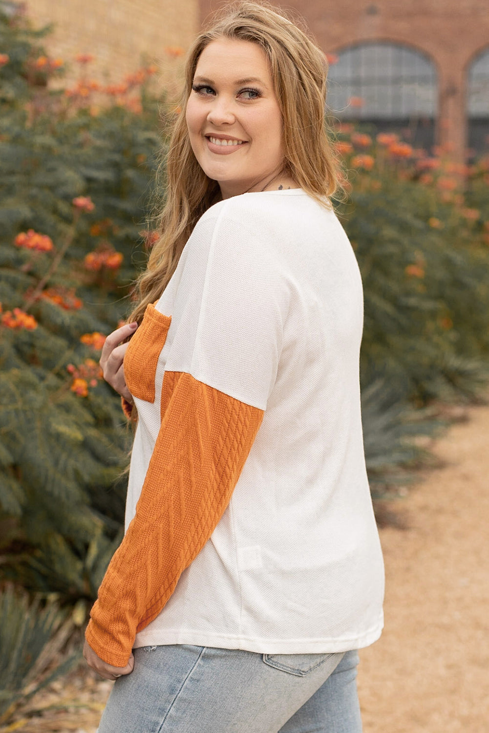 Chestnut Plus Size Pocket Textured Patchwork Top Plus Size Tops 6283b1221a9354fb