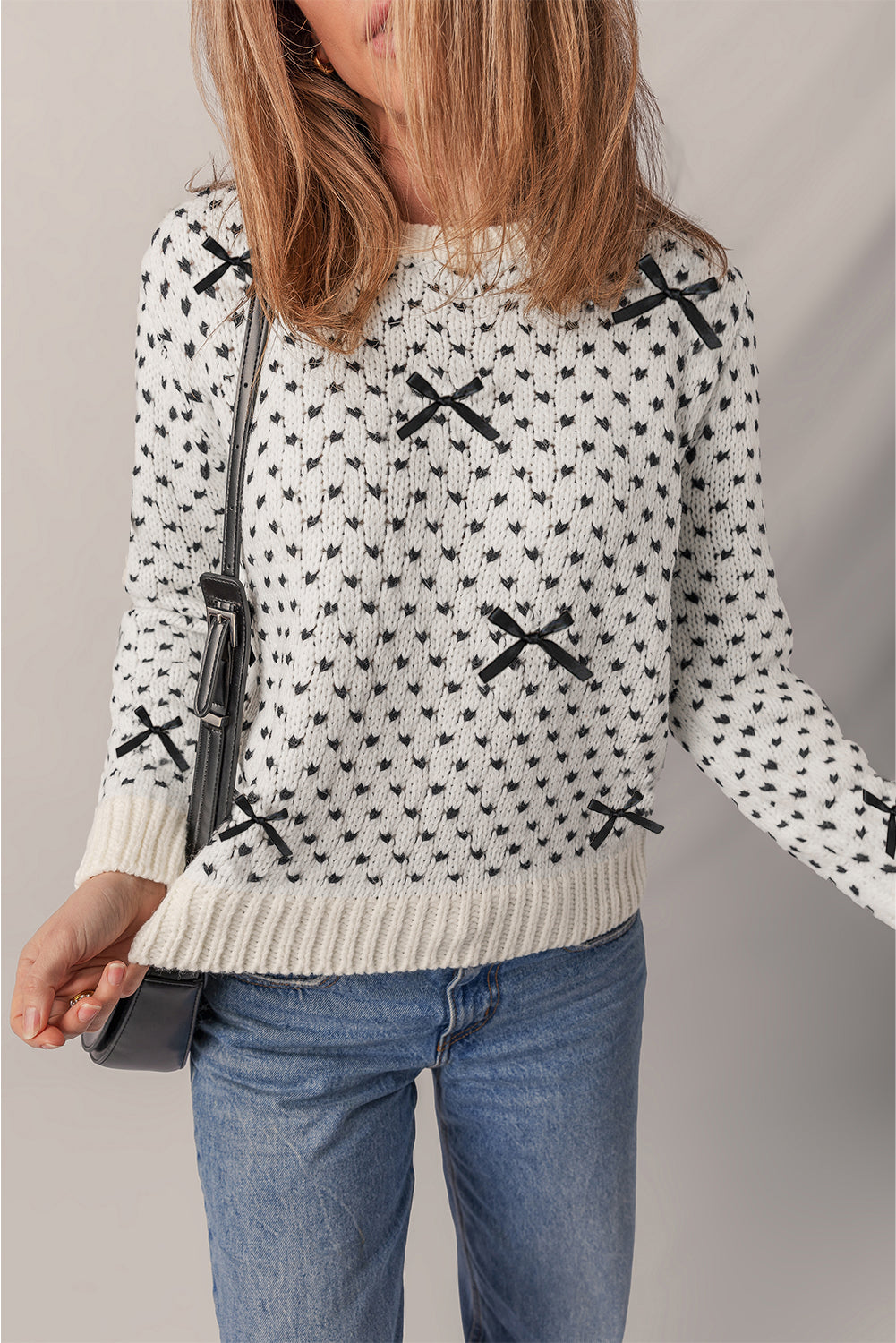 Beige Bow Decor Color Contrast Ribbed Edge Crew Neck Sweater Sweaters 629b09fb29261371