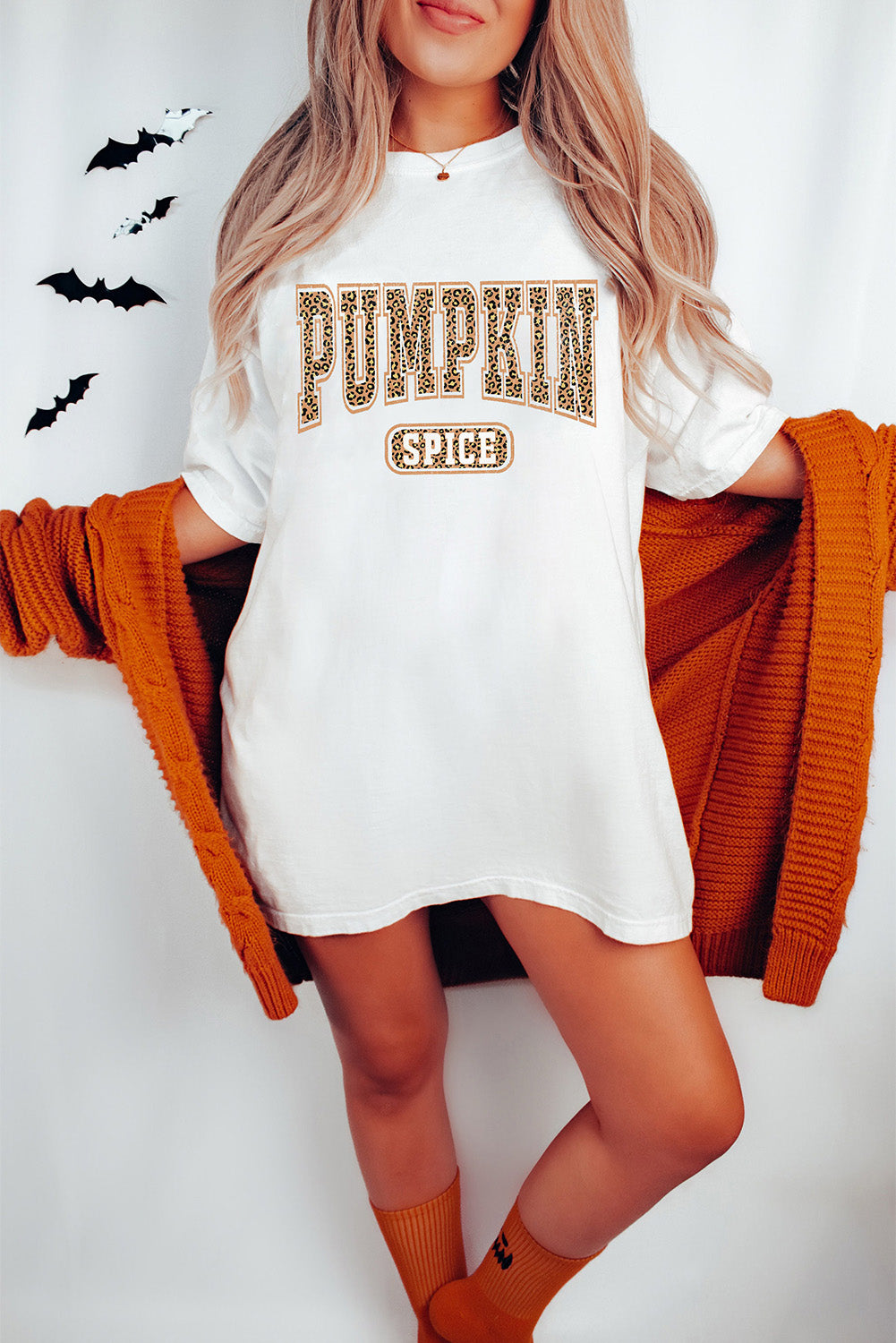 White PUMPKIN SPICE Leopard Heat Transfer Printing Graphic Tunic T Shirt Graphic Tees 62aa29158e96a90a