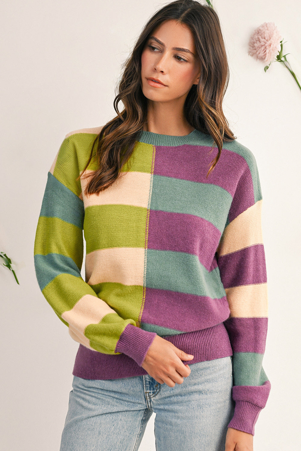 Green Stripe Colorblock Drop Shoulder Ribbed Edge Sweater Sweaters 62dad298af7df9f0